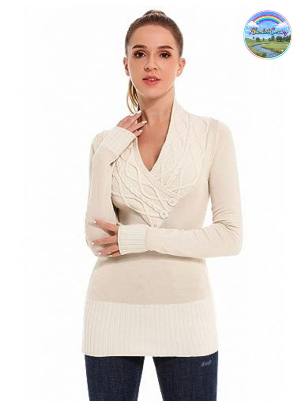 Women's Crossover Cable Knit V-Neck Long Sleeve Pullover Sweater